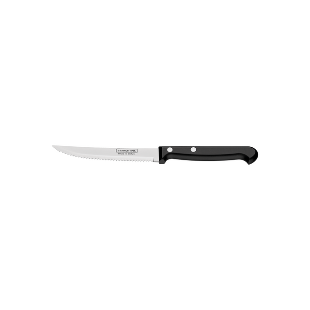 5-inch stainless steak knife with black handle and serrated blade