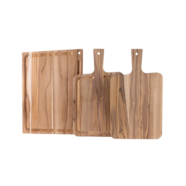 Wood cutting and serving board set, rectangular boards with hanging holes and handles