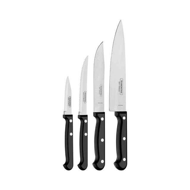Tramontina Ultracorte 4-piece stainless knife set with black handles, four blades