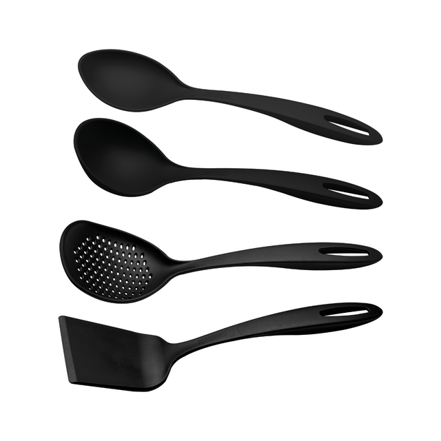 4-piece black nylon kitchen utensil set: slotted spoon, ladle, skimmer, spatula