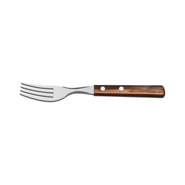 Brown Polywood-handled stainless table fork with four tines