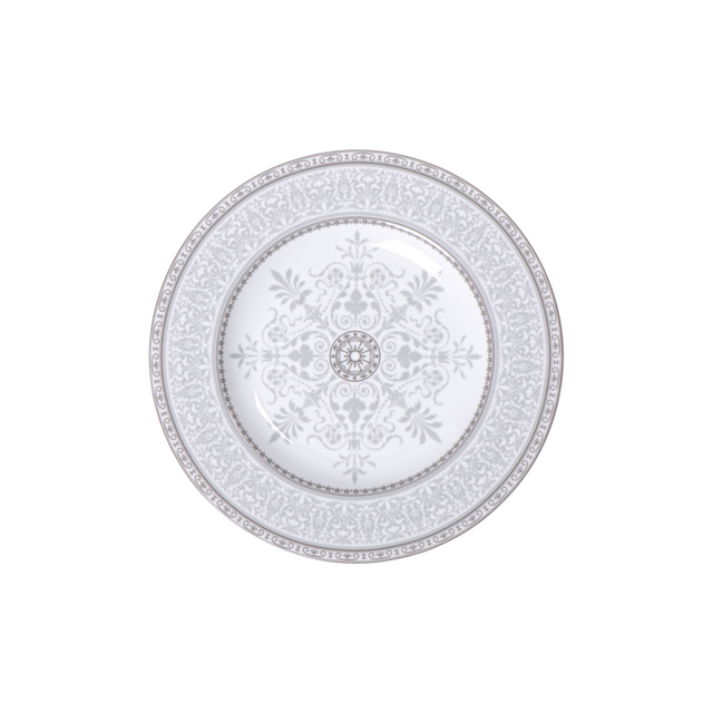 White porcelain dinner plate with gray embossed floral medallion and patterned rim