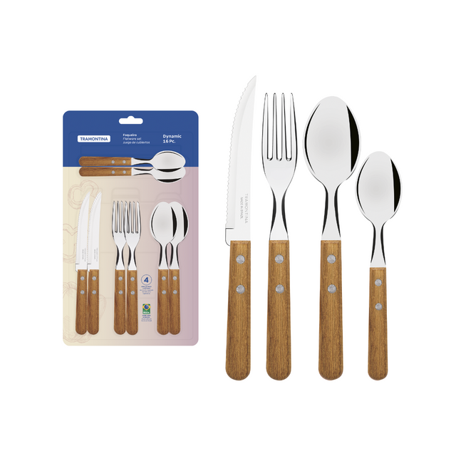 16-piece stainless steel cutlery set with brown wooden handles: forks, spoons, knives