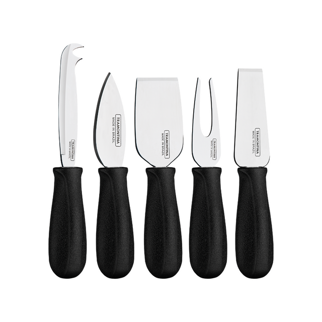 Cheese serving set: 5 stainless knives with black handles and curved blades
