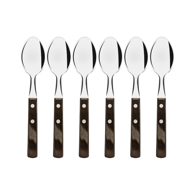 Set of 6 stainless steel table spoons with brown polywood handles