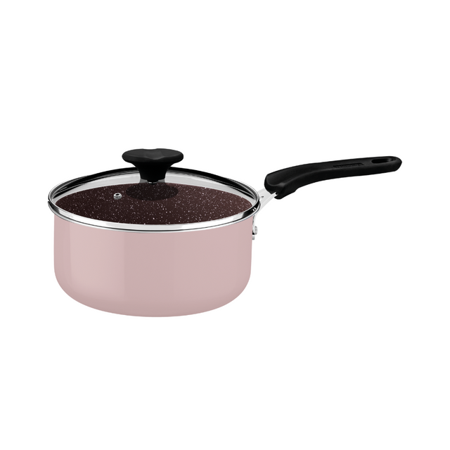 Ceramic non-stick sauce pan with glass lid, speckled interior, black handle and knob