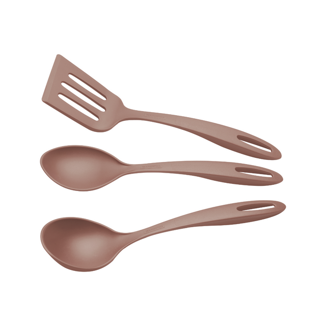3-piece brown nylon utensil set with slotted spatula and two serving spoons