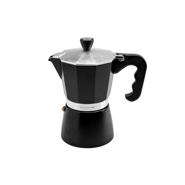 Black stovetop espresso maker with metal filter and curved handle, Tramontina