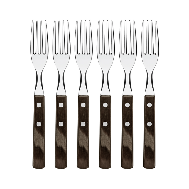 Set of 6 stainless steel table forks with brown handles and polished tines