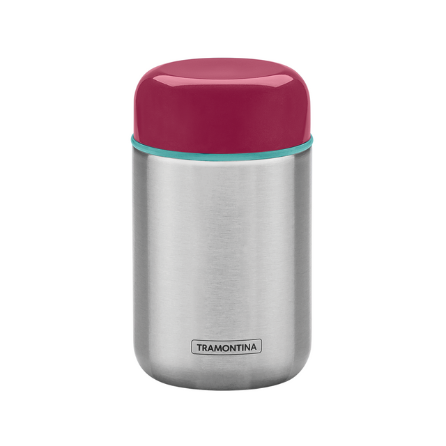 Insulated stainless steel food container with magenta lid, cylindrical shape.