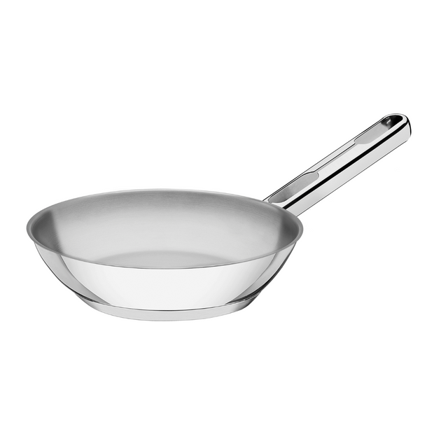 Stainless steel frying pan with long handle, smooth reflective interior and rim