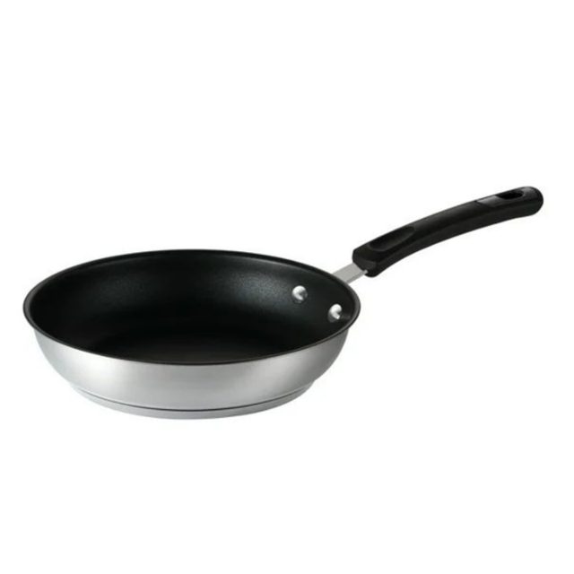 Non-stick frying pan with black interior and silver exterior, black handle