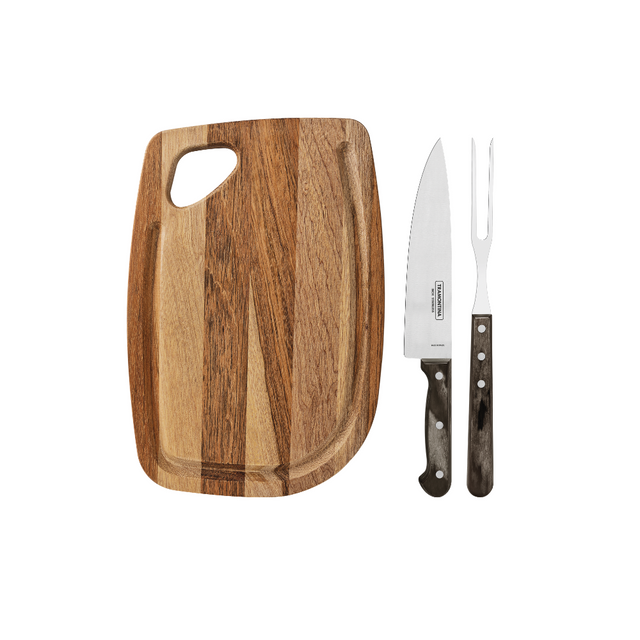 Brown wood cutting board with stainless barbecue knives, 3-piece set