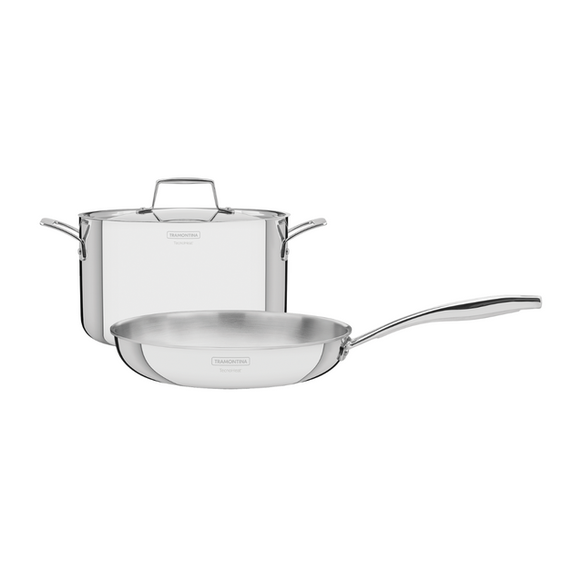 Stainless steel cookware set: lidded pot with helper handles and skillet