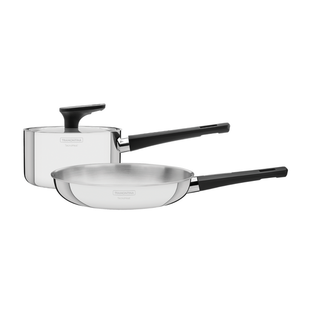 Stainless steel cookware set with pot and two pans, black handles, matching lids