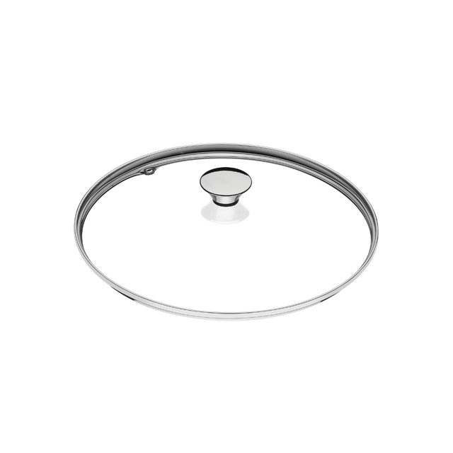 Tempered glass lid with stainless steel knob and metal rim
