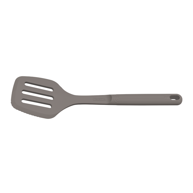 Tramontina Softta grey silicone slotted spatula with oval handle loop