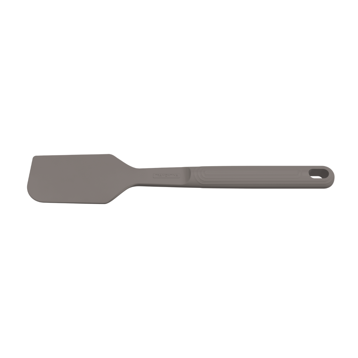Grey silicone spatula with wide flex head and looped handle