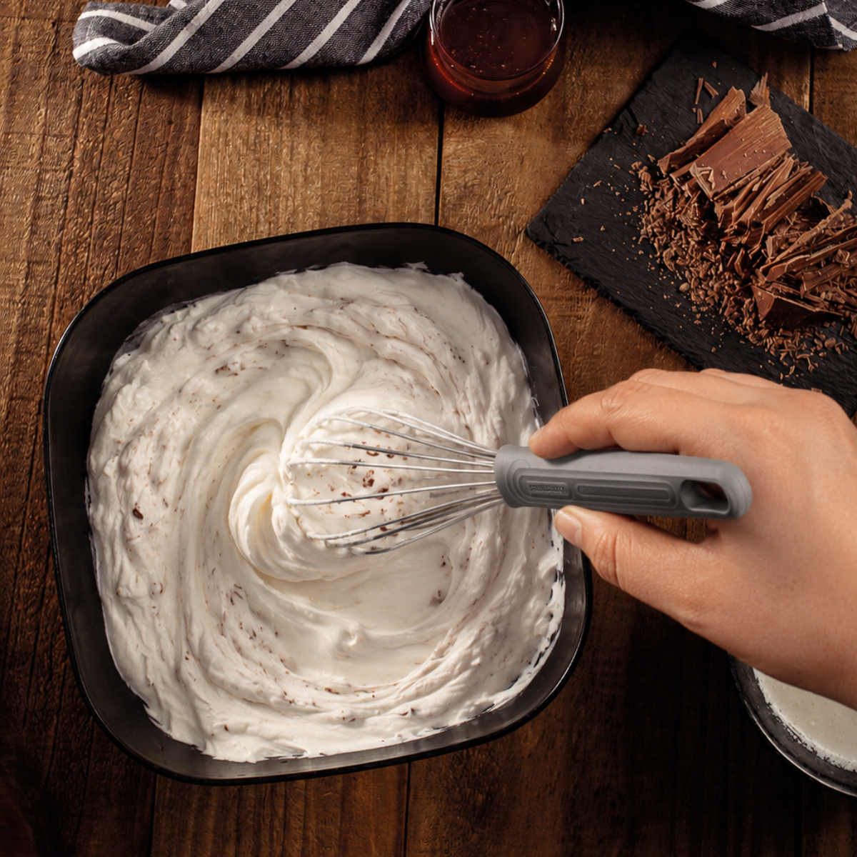 Grey silicone whisk handle with stainless wire loops mixing whipped cream in bowl