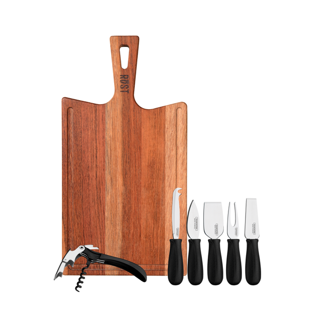 Tramontina cheese and wine 7-piece set with wooden board, corkscrew, and cheese knives