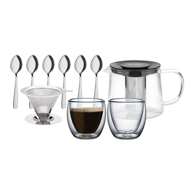 10-piece coffee and tea set with glass cups, metal coffee pot, filter cone, and spoons