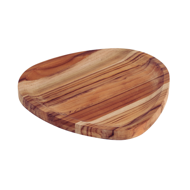 Teak serving board with oiled finish, oval shape, rounded edges, brown wood grain