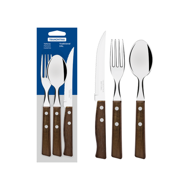 Boxed 3-piece tableware set: stainless steel fork, spoon, knife with brown handles