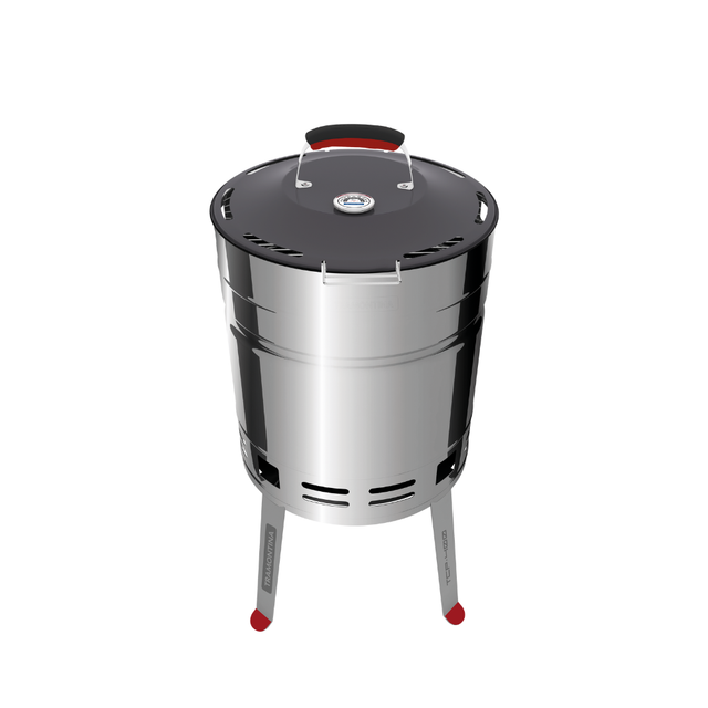 Charcoal grill with lid, dark round firepot and stainless steel lower body