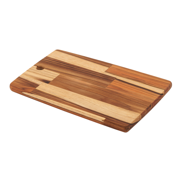 Brown wood cutting and serving board with striped inlay and rounded corners