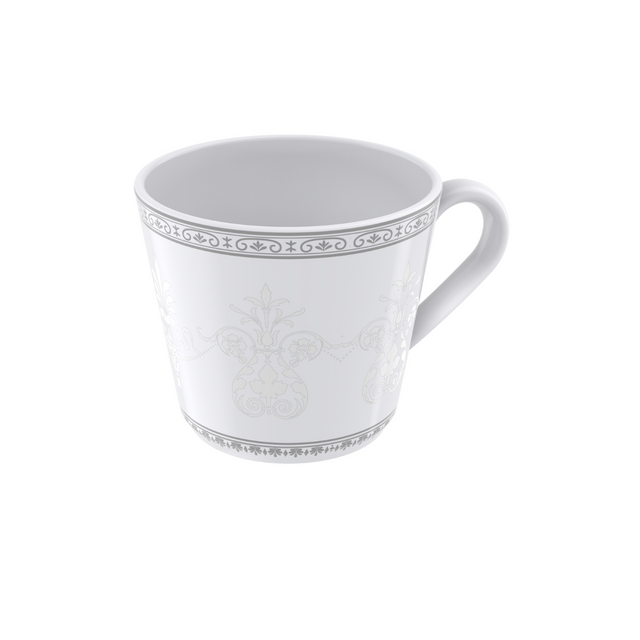 Porcelain tea cup in white with gray ornate border and floral pattern, with handle
