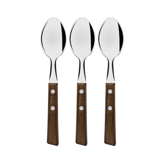Three stainless steel table spoons with dark brown wooden handles