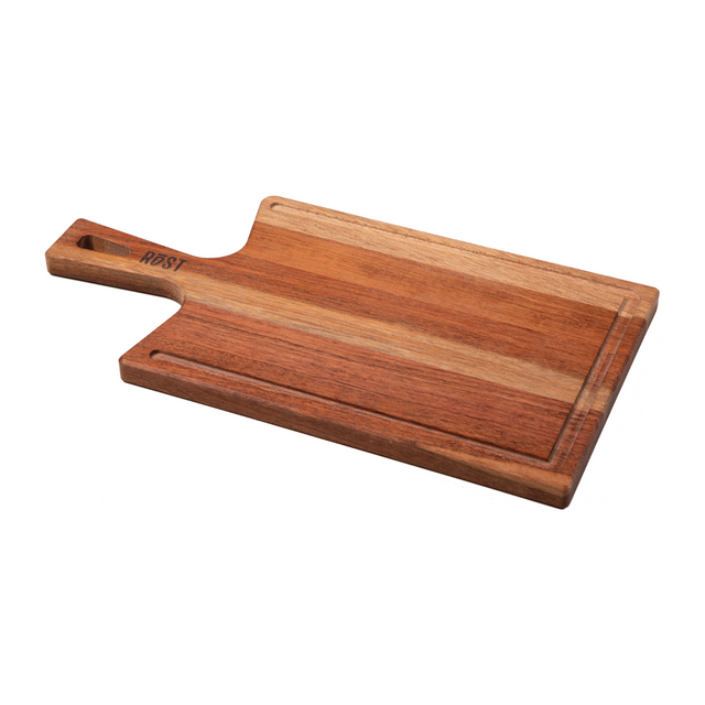 Brown wooden cutting board with handle cutout and engraved ROST