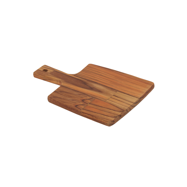 Brown wooden cutting and serving board with handle and circular hanging hole