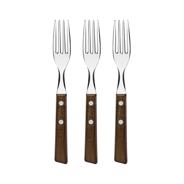 Set of 3 stainless steel table forks with brown wooden handles and three tines
