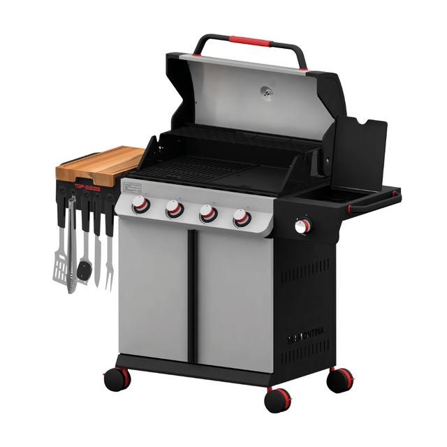 Stainless steel gas grill with side shelves, four burners, black hood, control knobs