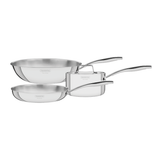 Stainless steel fully clad cookware set: skillet and two saucepans with lids