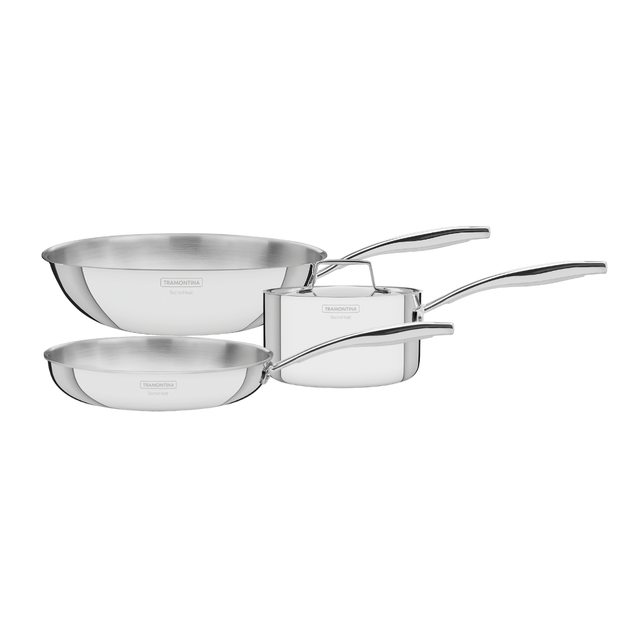 Stainless steel fully clad cookware set: skillet and two saucepans with lids