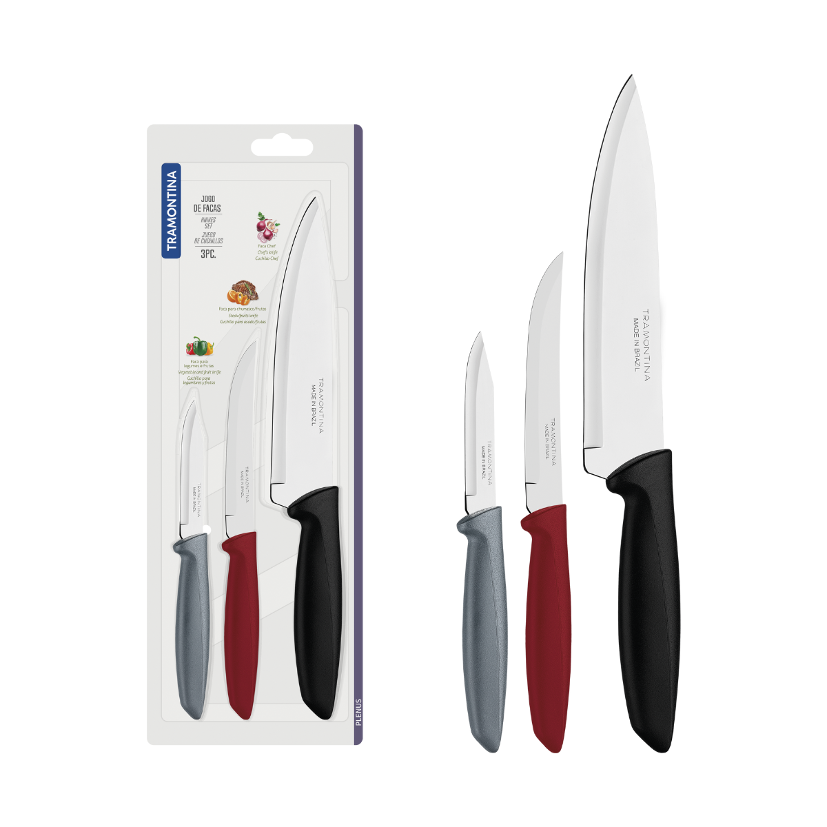 Tramontina Plenus 3 Pcs Multicolour Knife Set, Stainless Steel