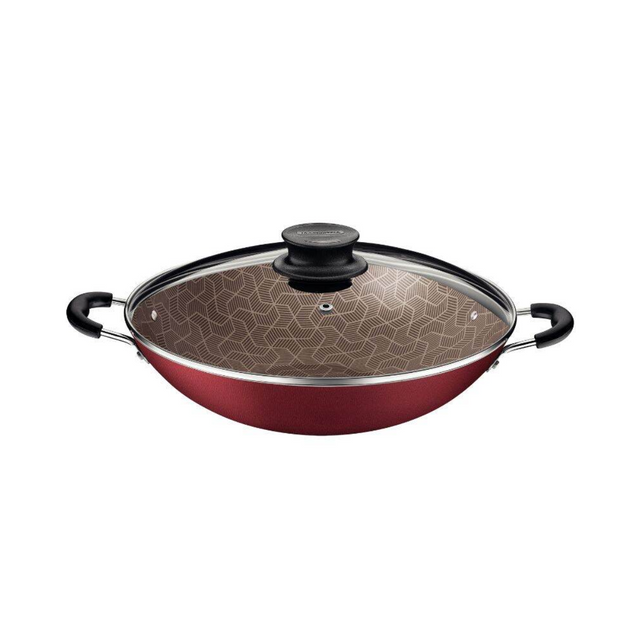 Non-stick red wok with patterned lid and two side handles