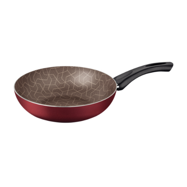Tramontina non-stick deep frying pan, red exterior with geometric patterned gray interior