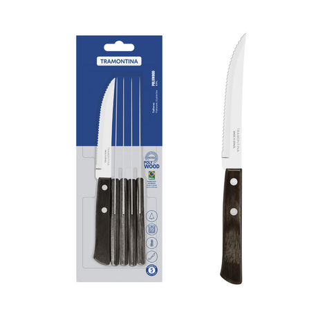 Tramontina Polywood Steak Knives Set, 6 Pcs, Stainless Steel