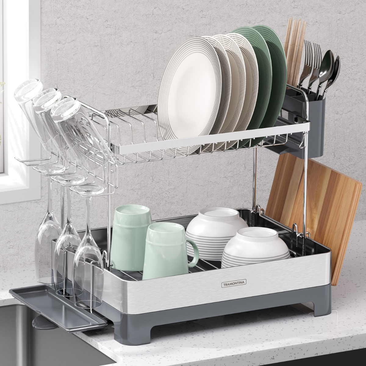 Tramontina 2-Tier Dish Rack, Stainless Steel/Polypropylene