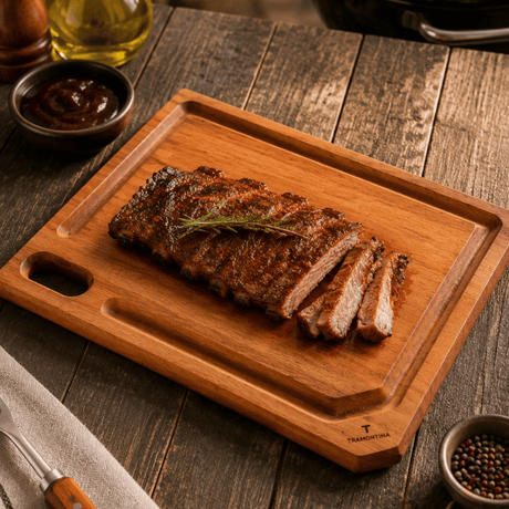 Brown wooden board with groove holding sliced steak and rosemary.