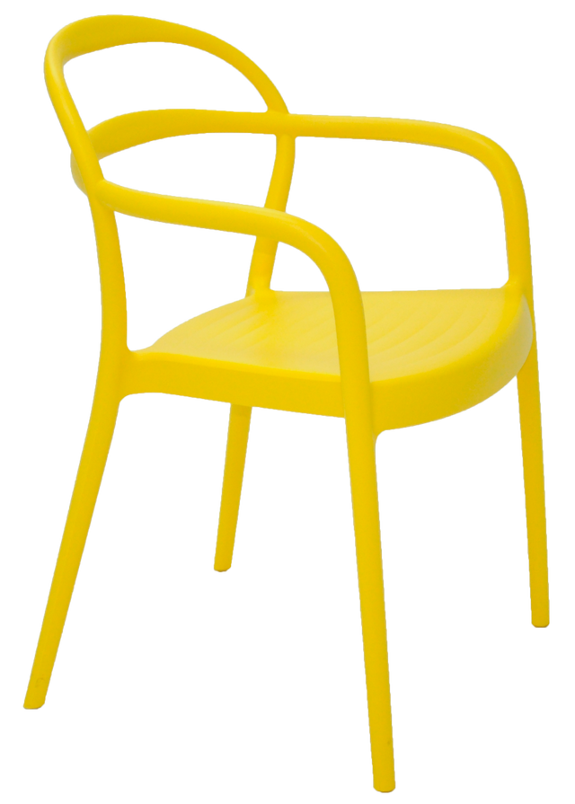 Yellow armchair with open backrest, curved metal frame, contoured plastic seat