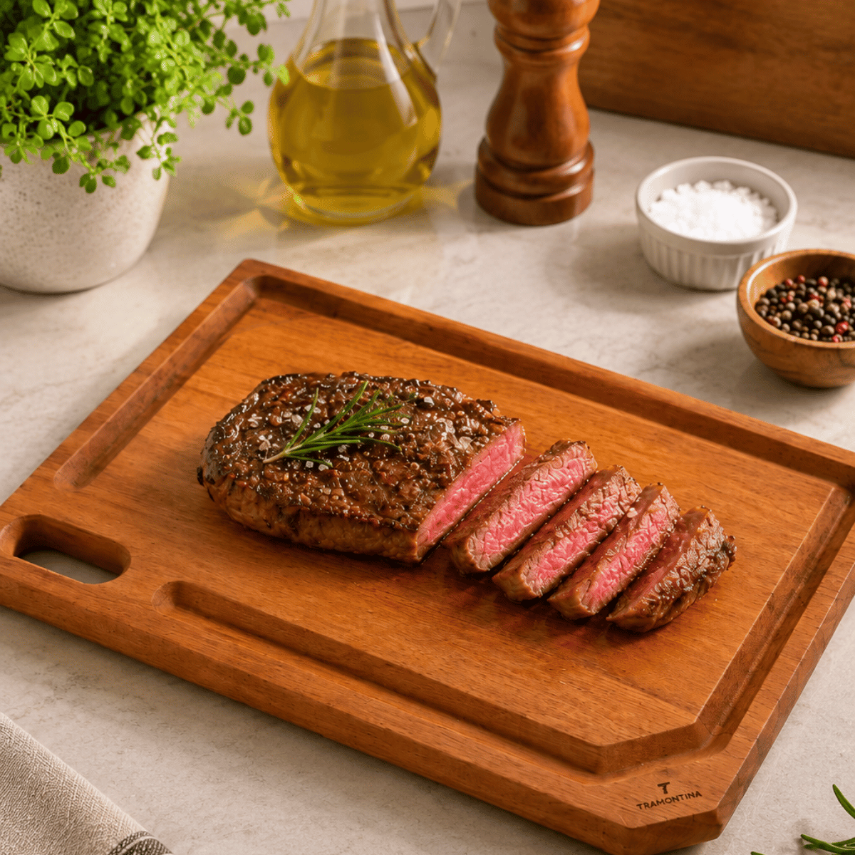 Brown wooden board with groove holding sliced steak and herbs.