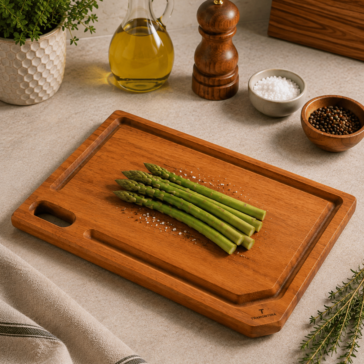 Brown wooden cutting board with groove holding green asparagus spears.