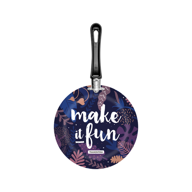 Non-stick frying pan base with dark blue fun phrase pattern and black handle.