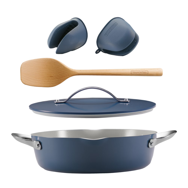 Blue cooking pot set with lid, two handles, wooden spatula, and silicone holders