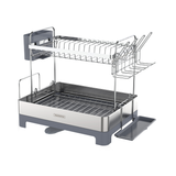 2-tier stainless steel dish rack with gray plastic base and utensil holder