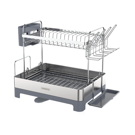 2-tier stainless steel dish rack with gray plastic base and utensil holder